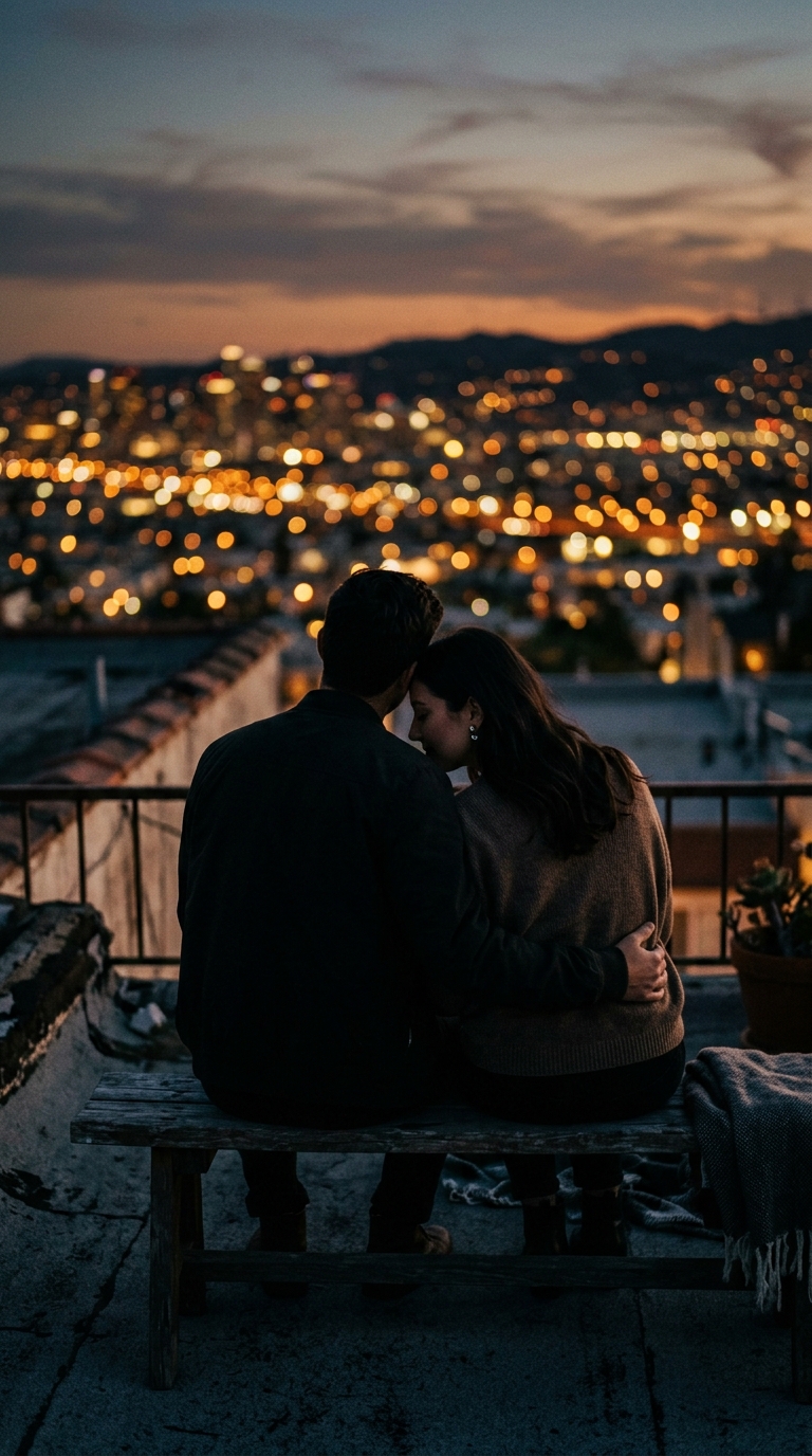 A couple embracing at golden hour