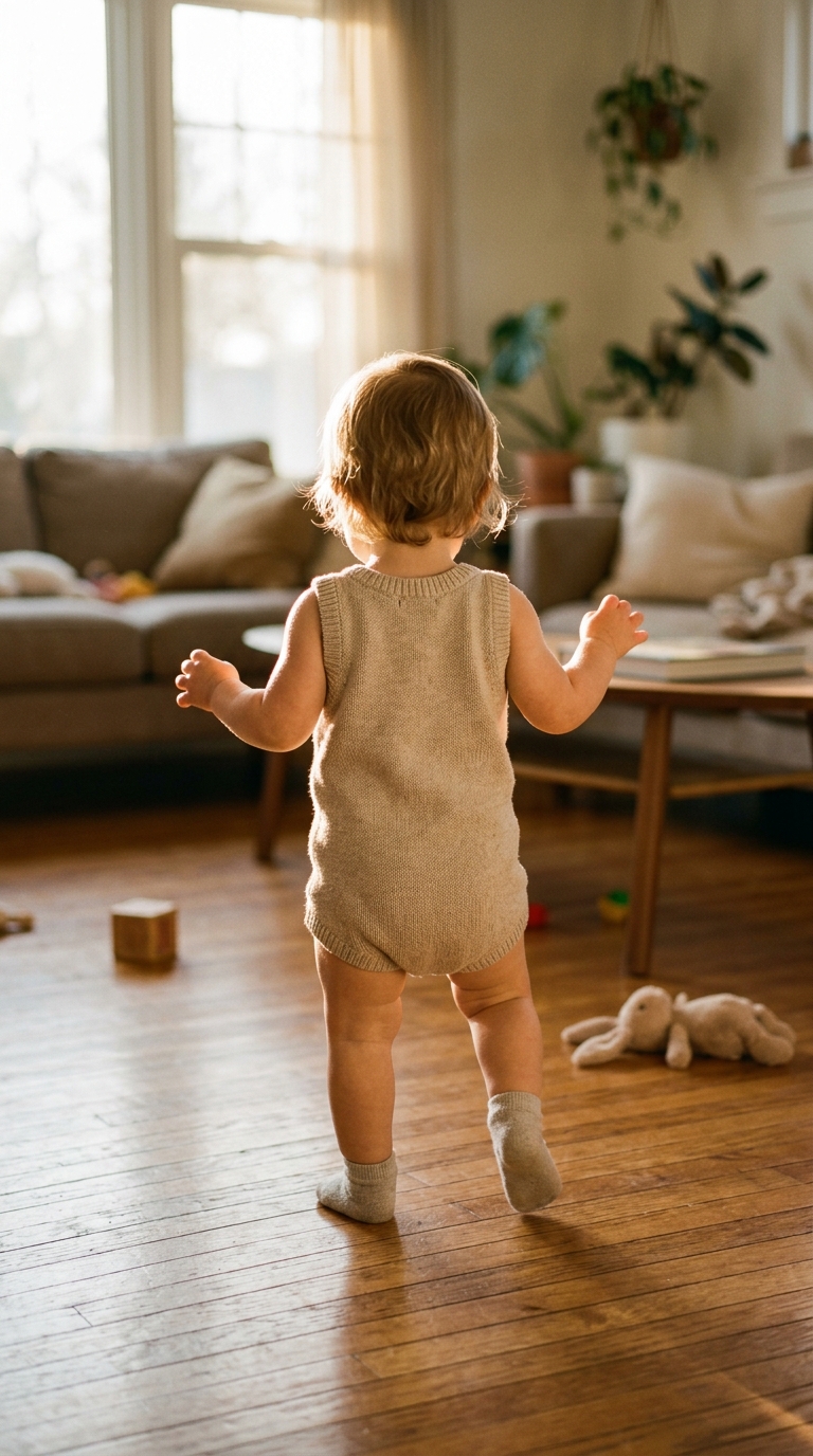 A child taking first steps toward the camera